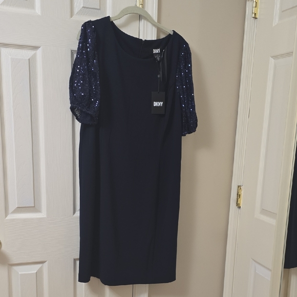 DKNY Midnight Blue Midi Dress with Sequin Sleeves - Picture 1 of 6